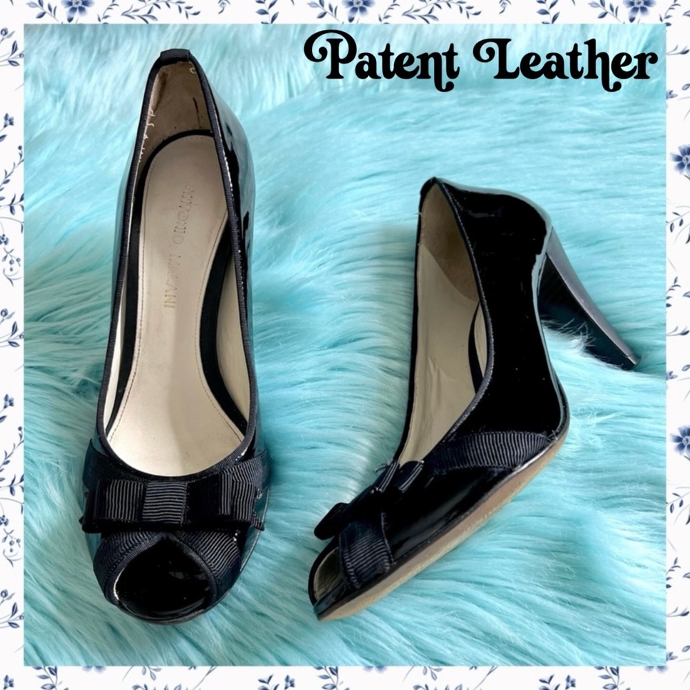Antonio Melani Black Patent LEATHER Cone Heel Pumps Womens 7.5 Open Toe + Bow